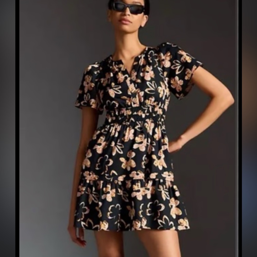 Anthropologie Somerset Mini Dress Black Peach Floral Tiered Sundress Small